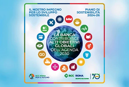 Immagine decorativa della copertina del Piano di sostenibilità di BCC Roma per il 2024 - 2026