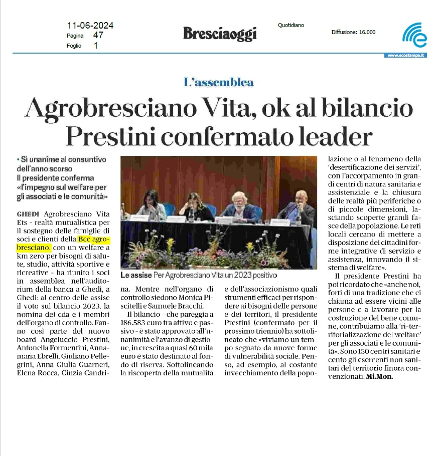 Articolo BS OGGI Agrovita Assemblea 11.06