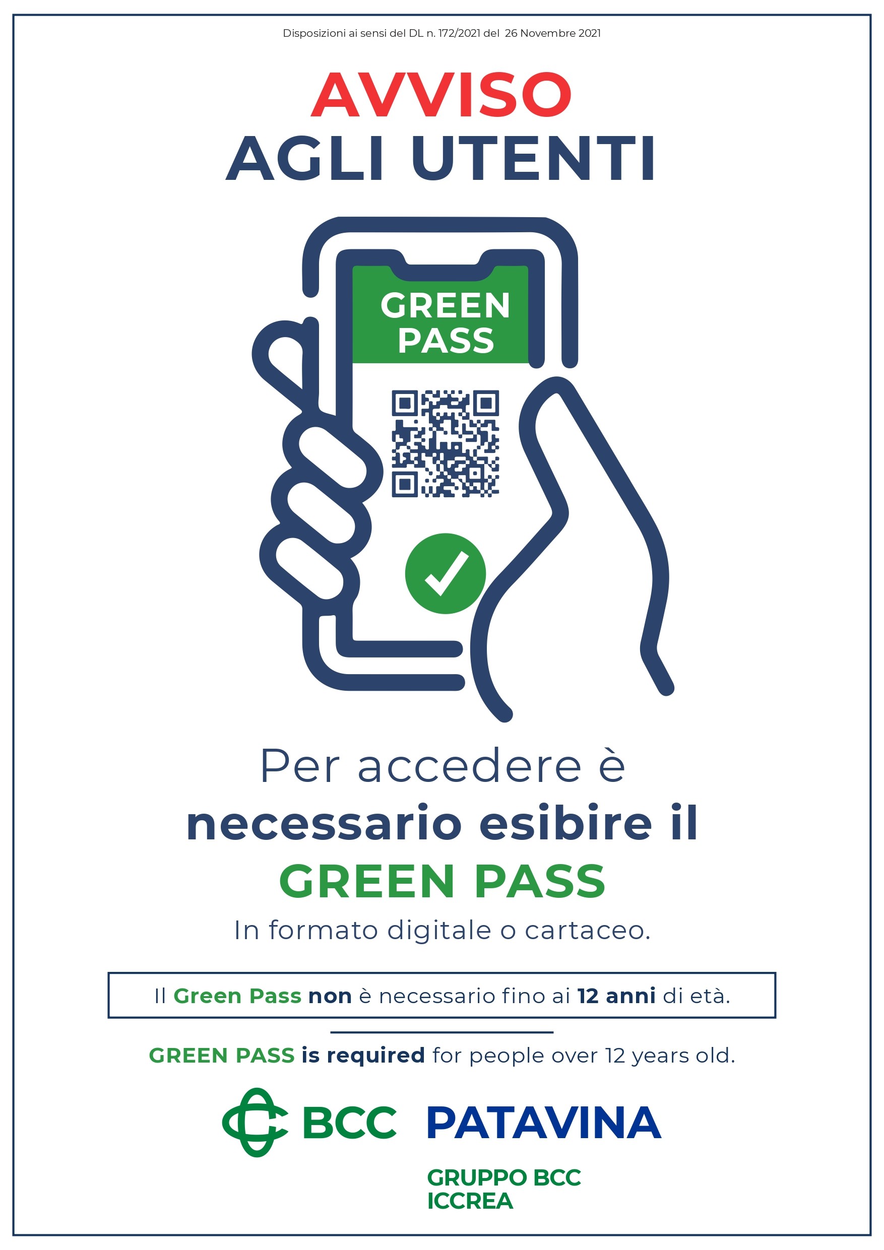 Banca Patavina Cartello Green Pass