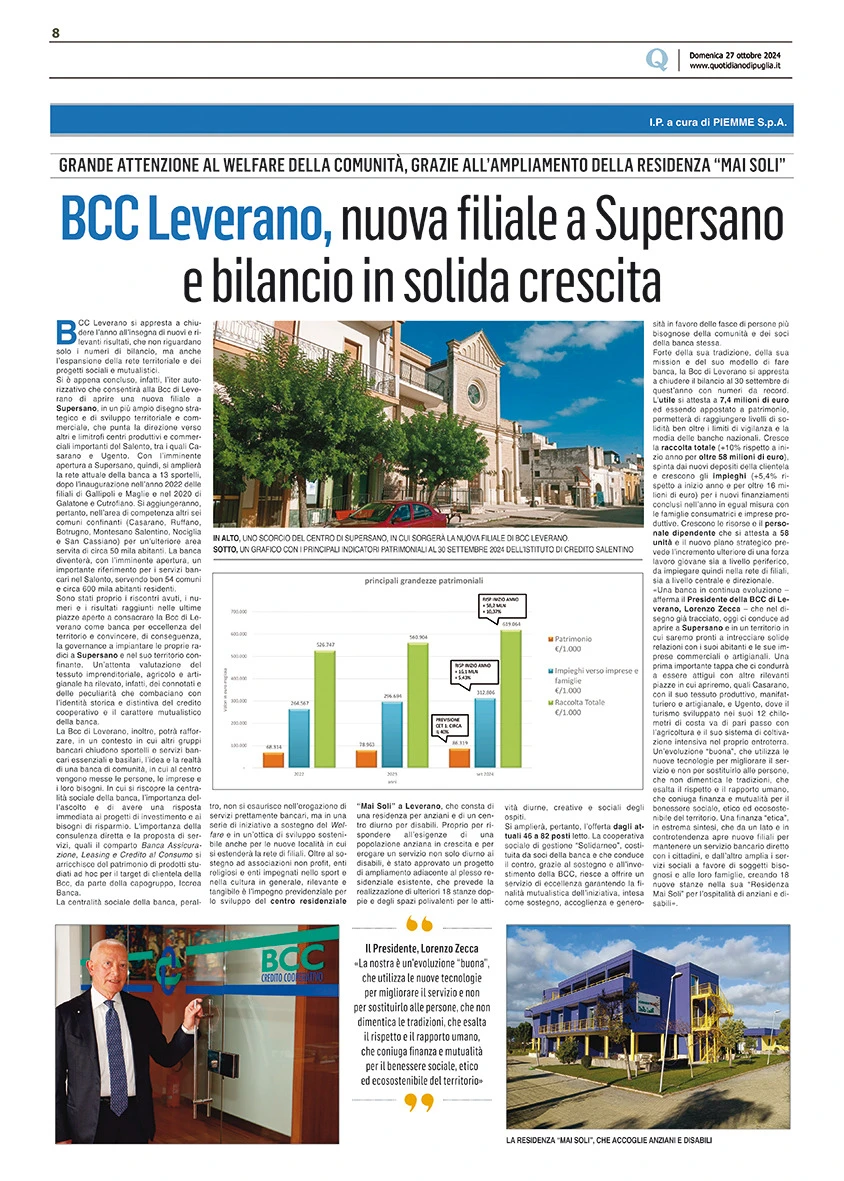 BCC LEVERANO, nuova filiale a Supersano, bilancio in solida crescita e grande attenzione al welfare della comunità con l