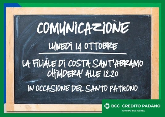 Lunedì 14 ottobre: chiusura filiale per Santo Patrono